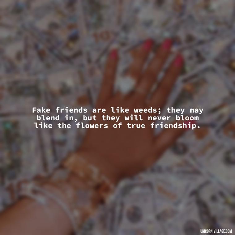 Fake friends are like weeds; they may blend in, but they will never bloom like the flowers of true friendship. - Hate Fake Friends Quotes